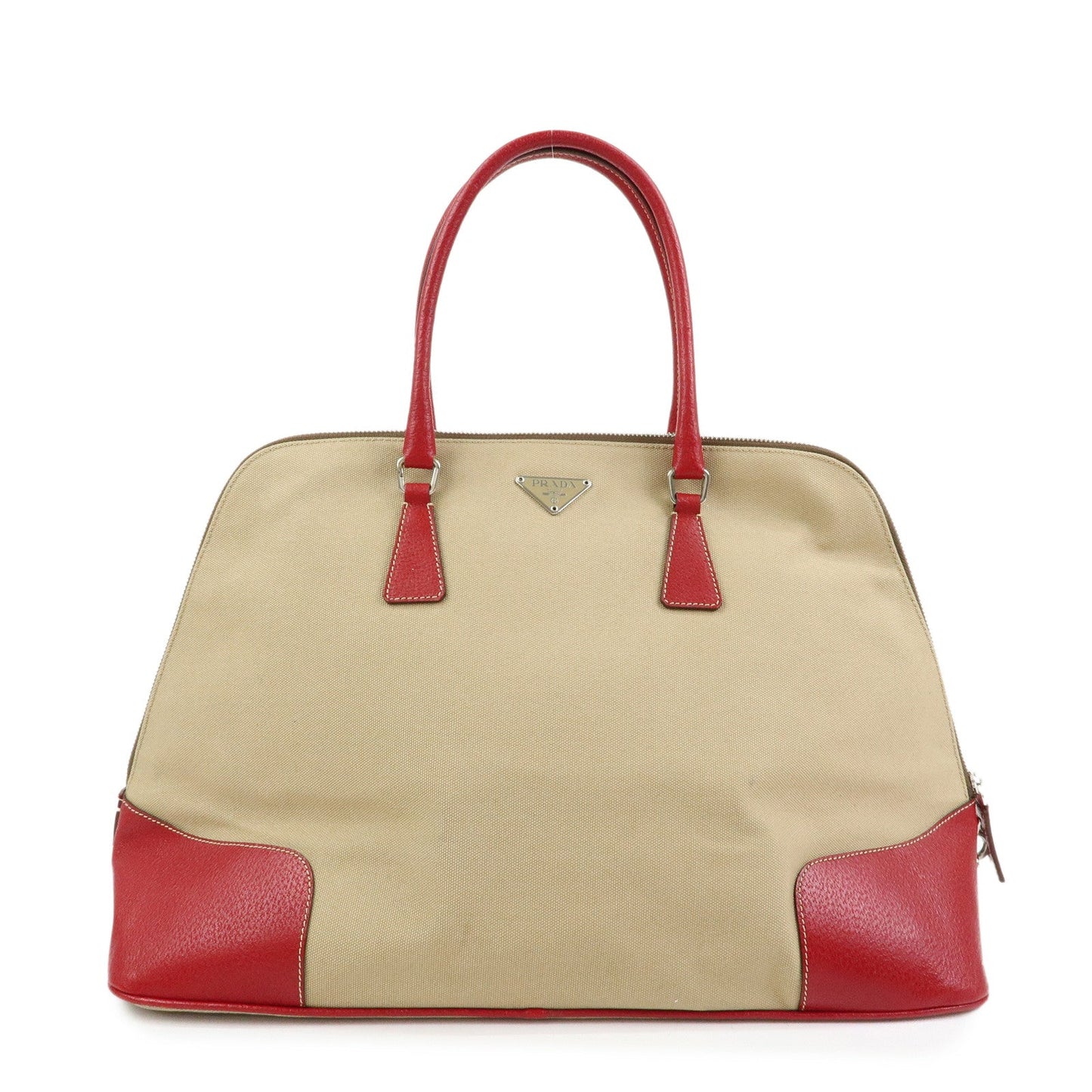 Triangle Hand Bag Leather Canvas Beige Handbag