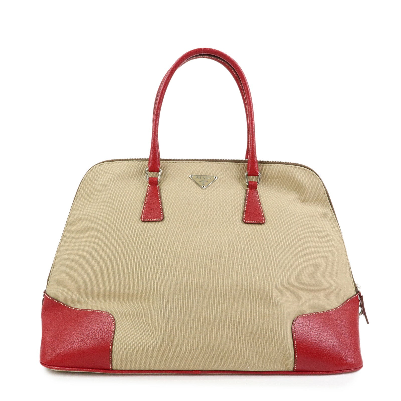 Triangle Hand Bag Leather Canvas Beige Handbag