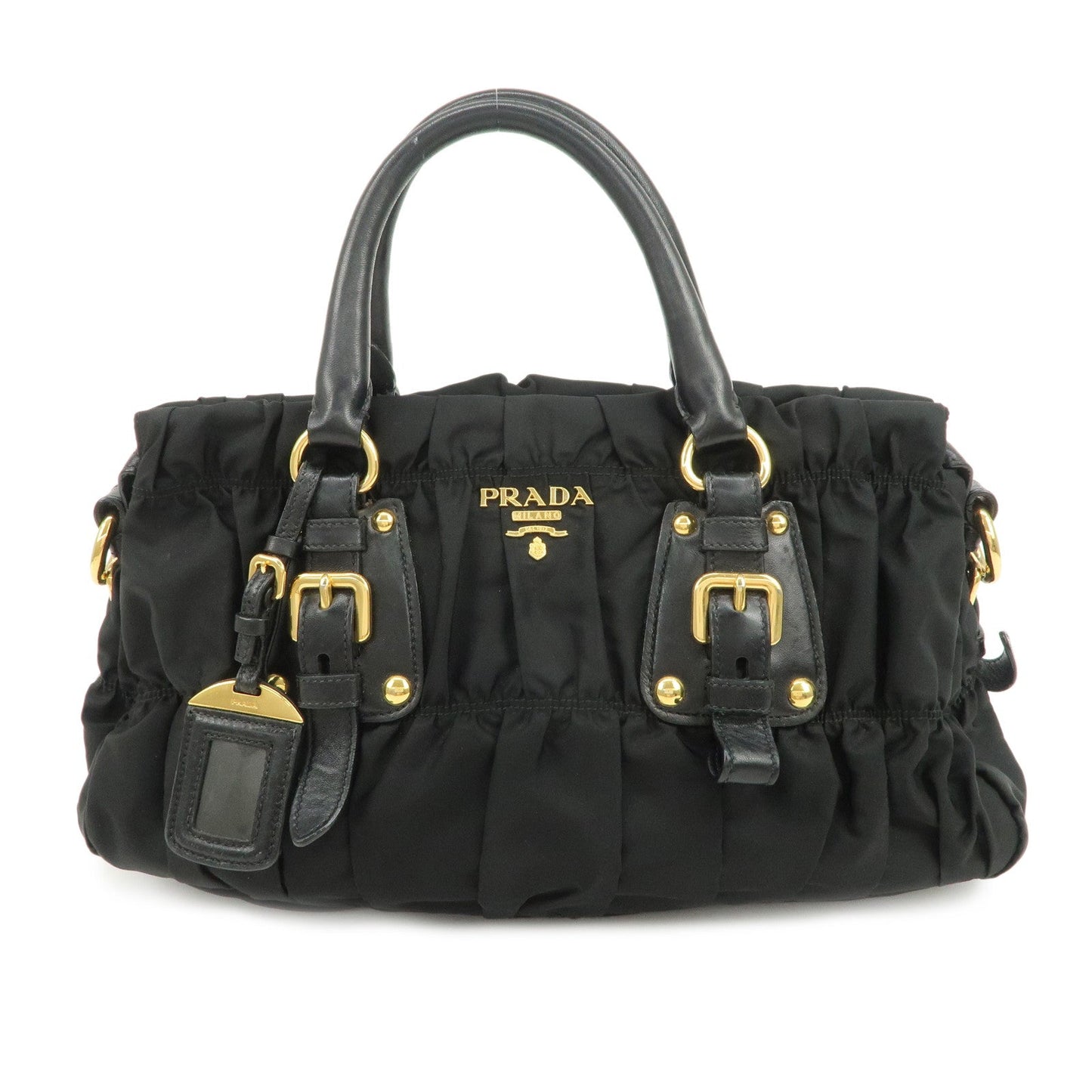 Shoulder Bag Gathered 2Way Hand Leather Nylon Black