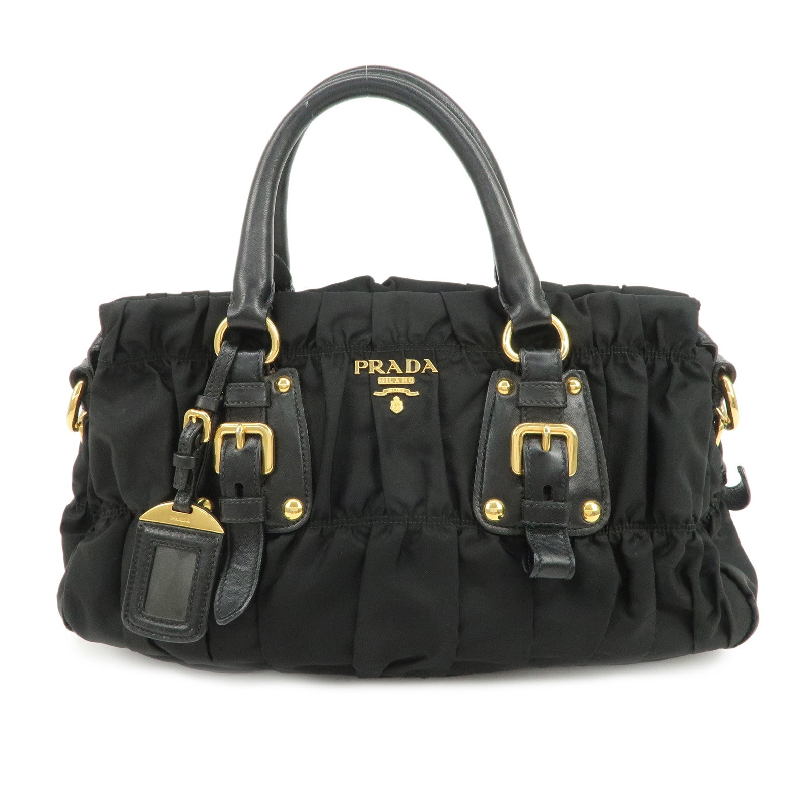 Shoulder Bag Gathered 2Way Hand Leather Nylon Black