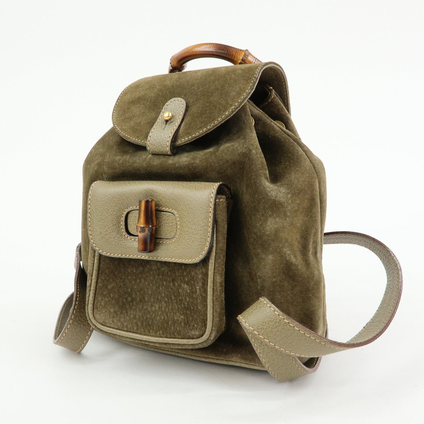GUCCI Bamboo Suede Leather Backpack Rucksack Khaki 003?2058