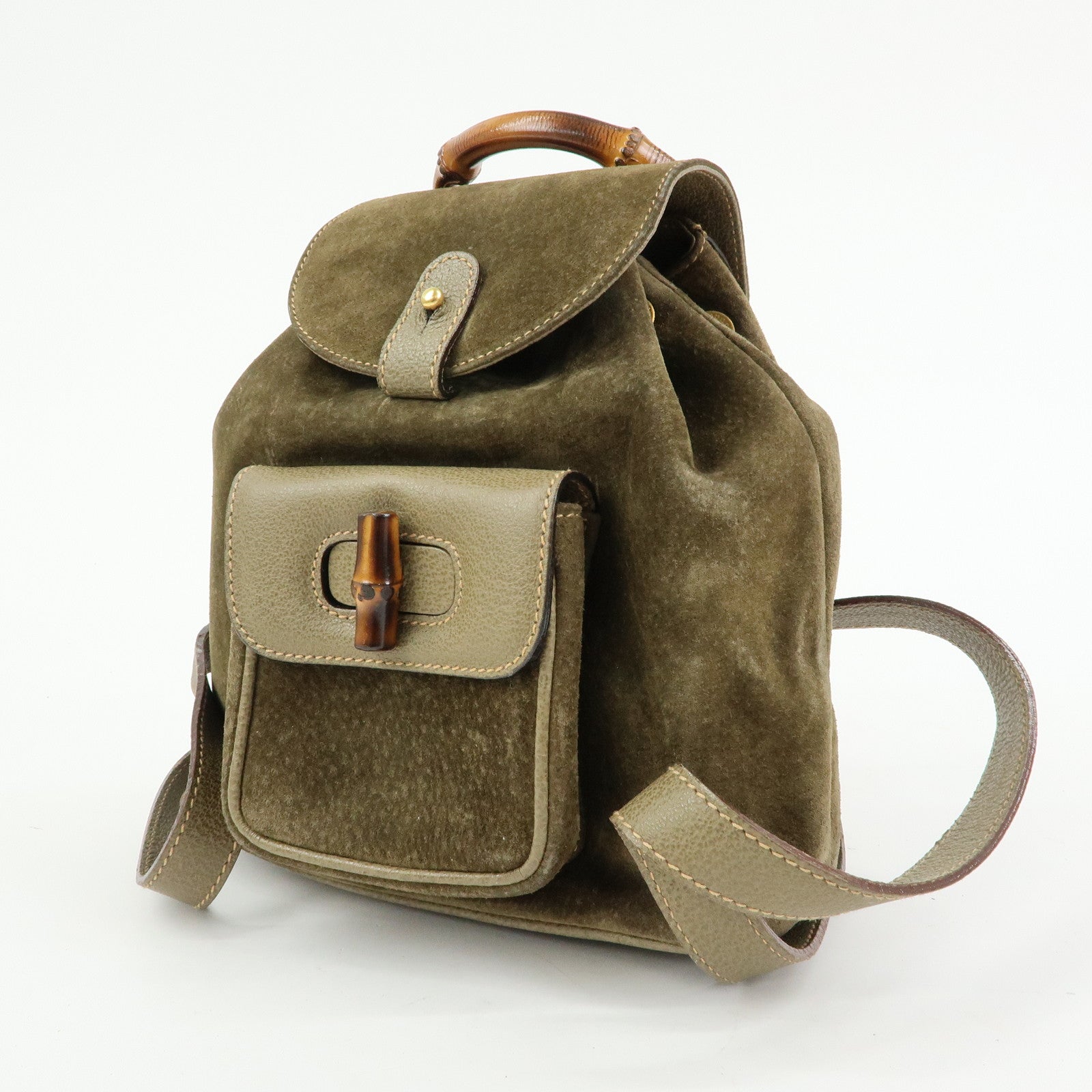 GUCCI Bamboo Suede Leather Backpack Rucksack Khaki 003?2058