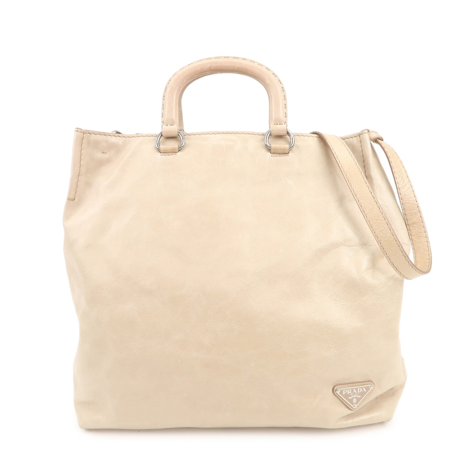 Shoulder Bag Triangle 2Way Hand Bag Leather Beige Logo