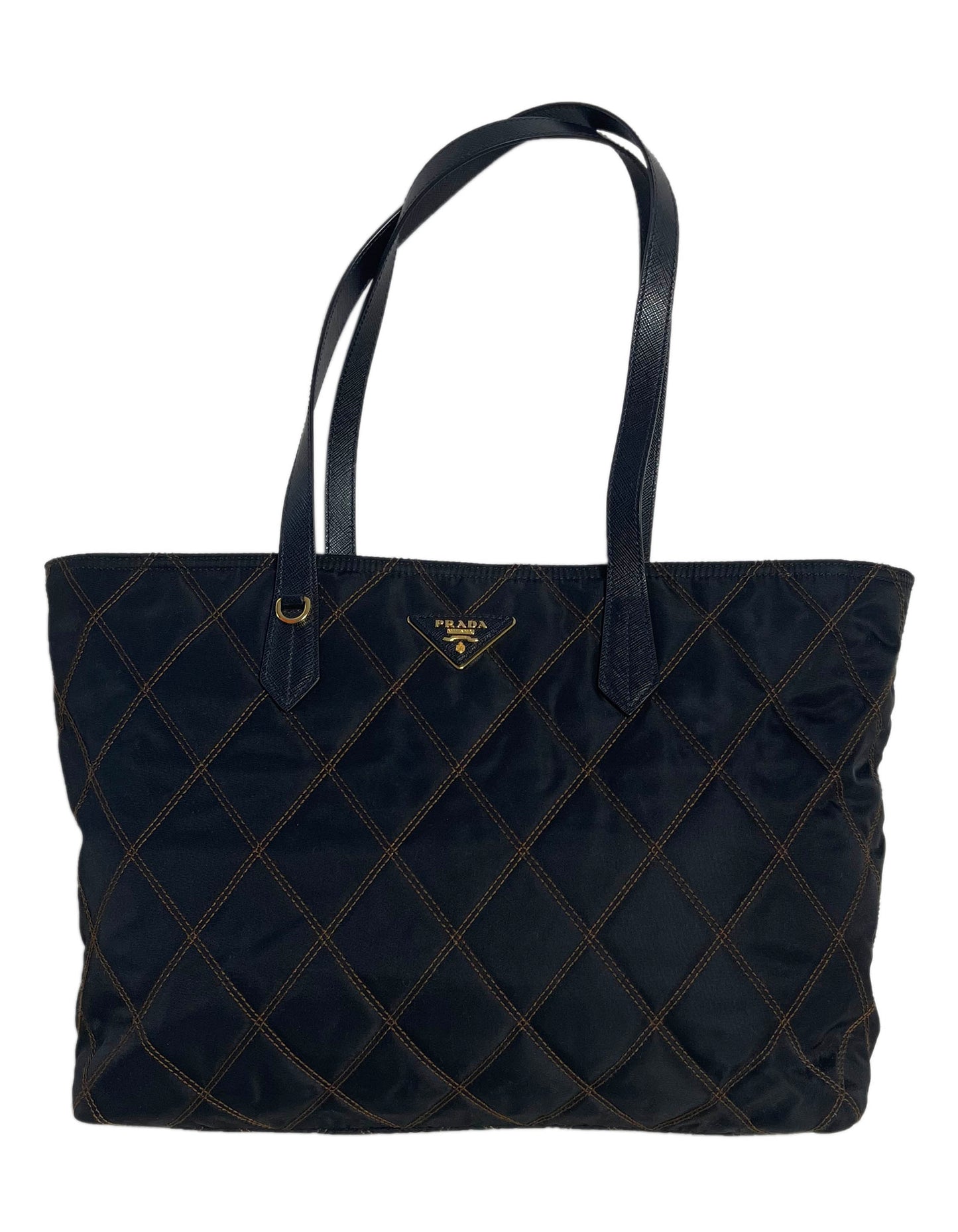 Prada Handbag Tote Bag w Contrast Stitching Nylon Quilted Blue