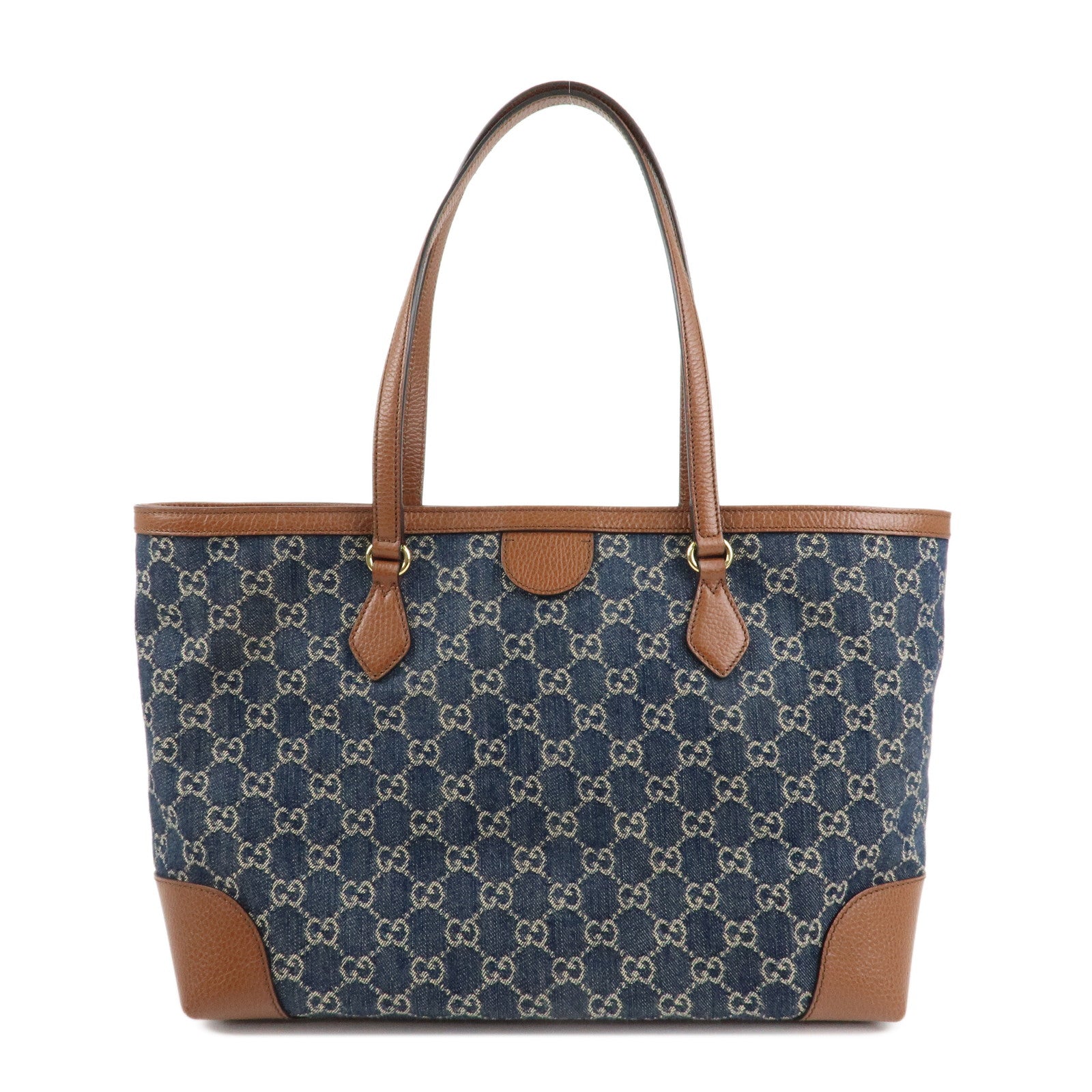 GUCCI Ophidia GG Denim Leather Tote Bag Blue Brown 631685