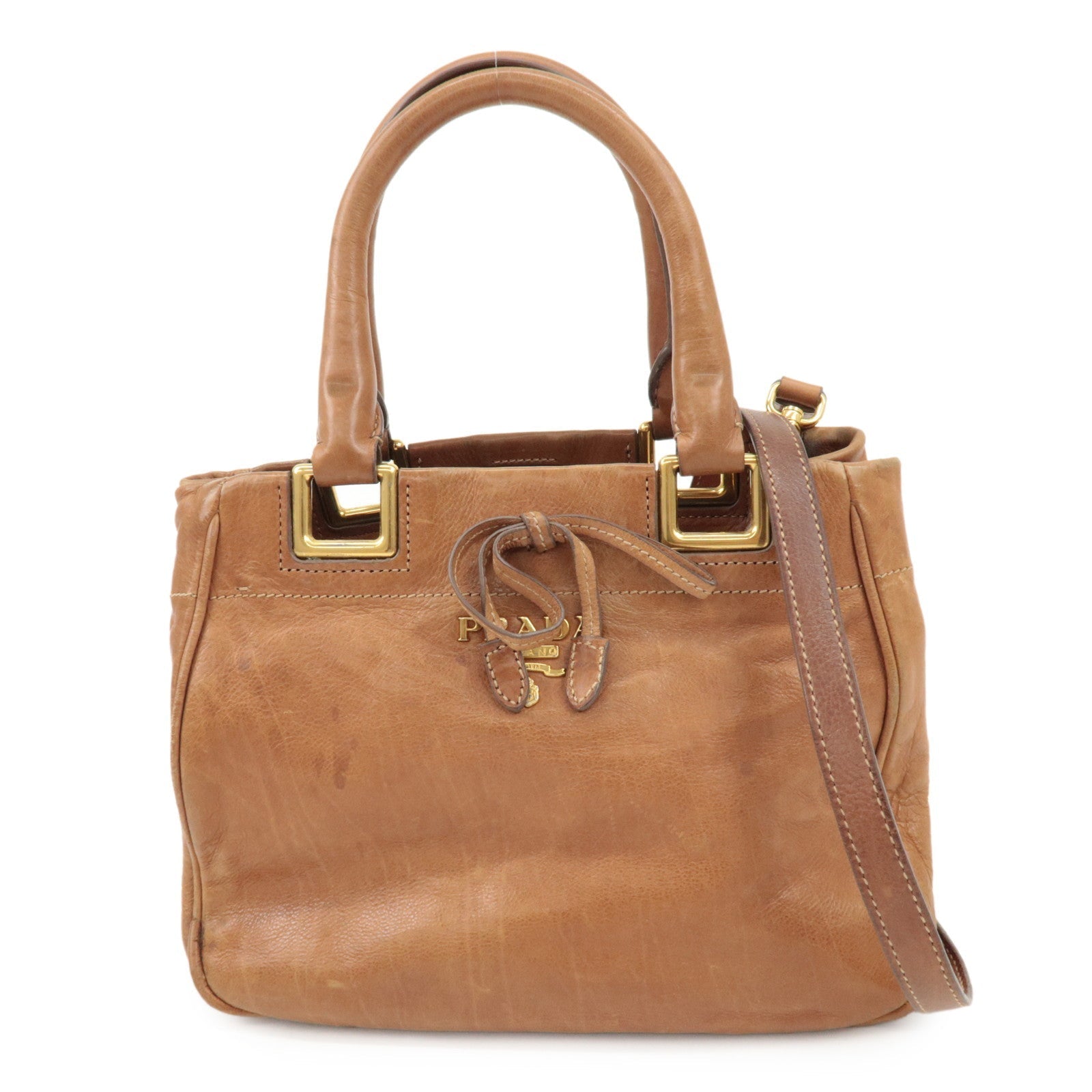 Ribbon 2Way Bag Hand Bag d Leather Brown Logo Handbag