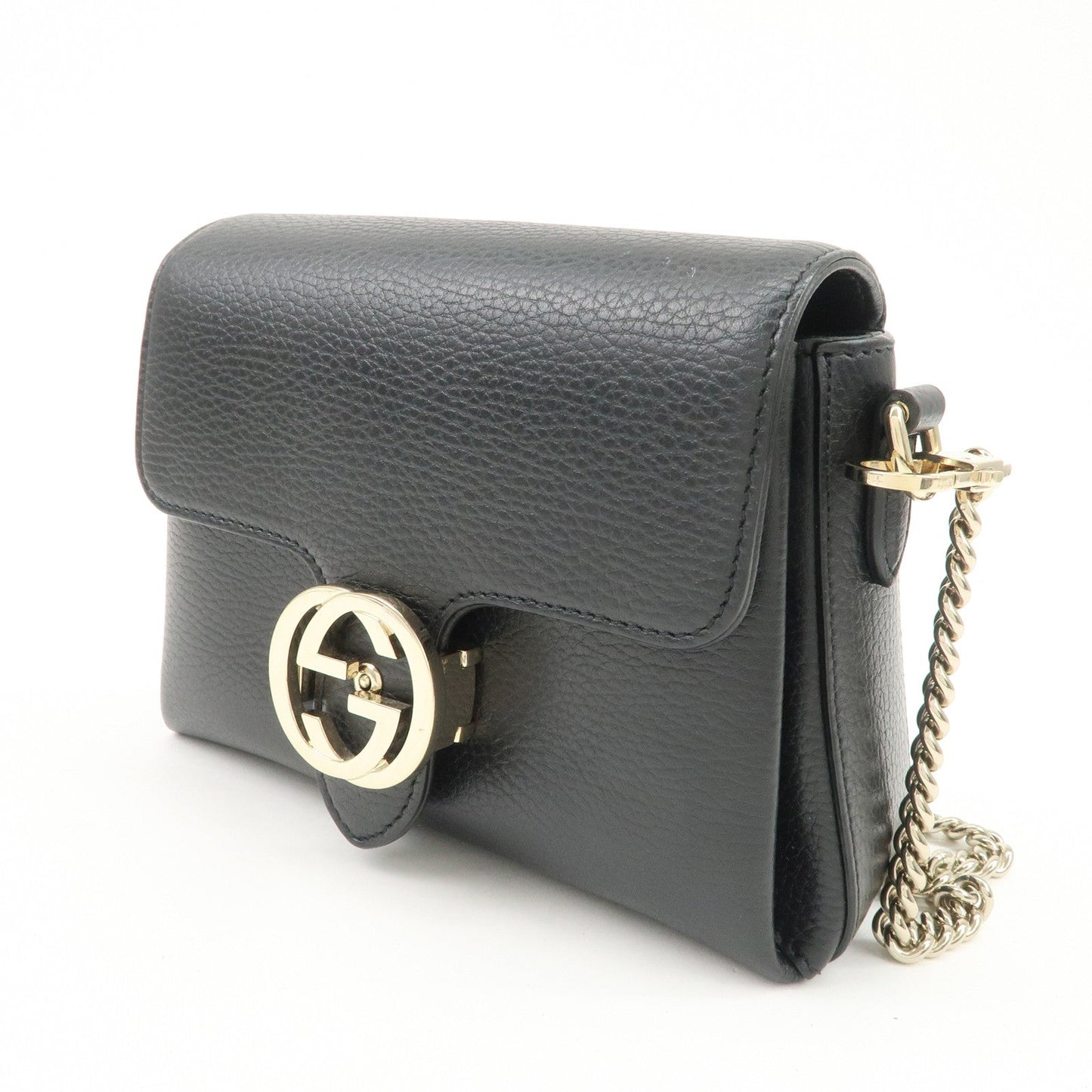 GUCCI Interlocking G Leather Chain Shoulder Bag Black 607720