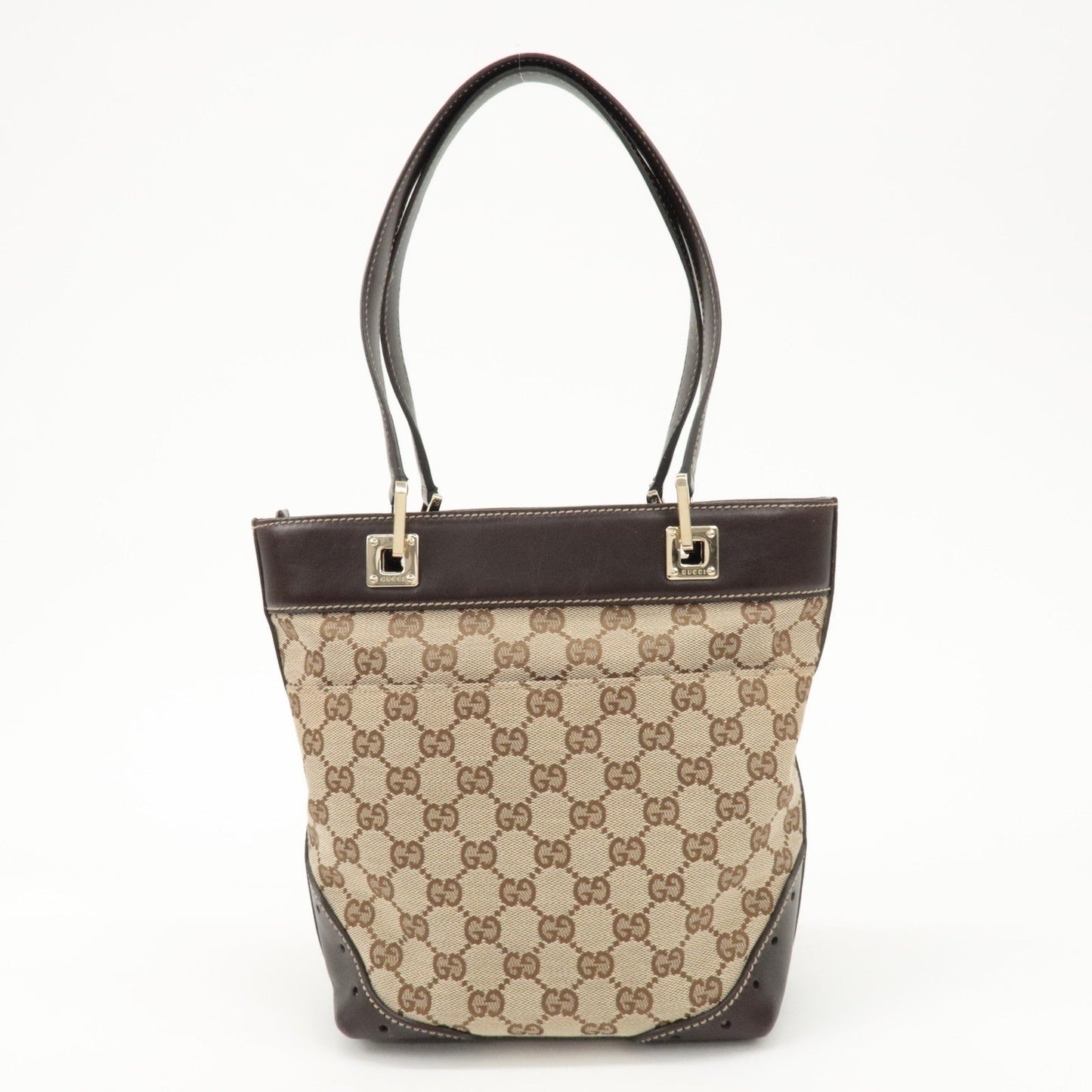 GUCCI GG Canvas Leather Tote Bag Hand Bag Beige Dark Brown 145994