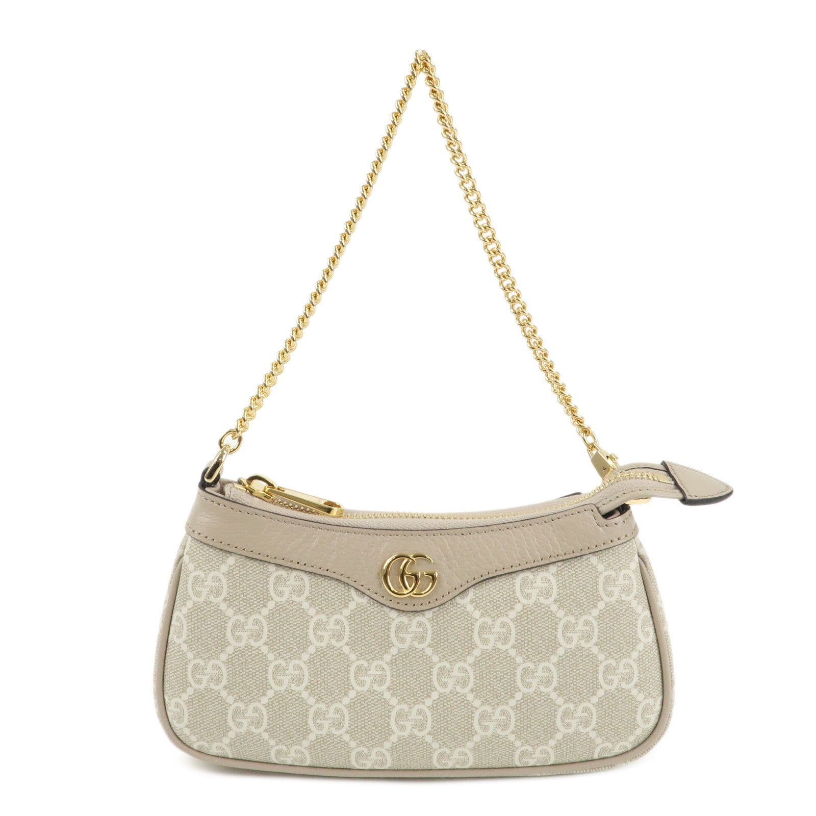 GUCCI Leather GG Supreme Chain Pouch Hand Bag Beige Brown 764960