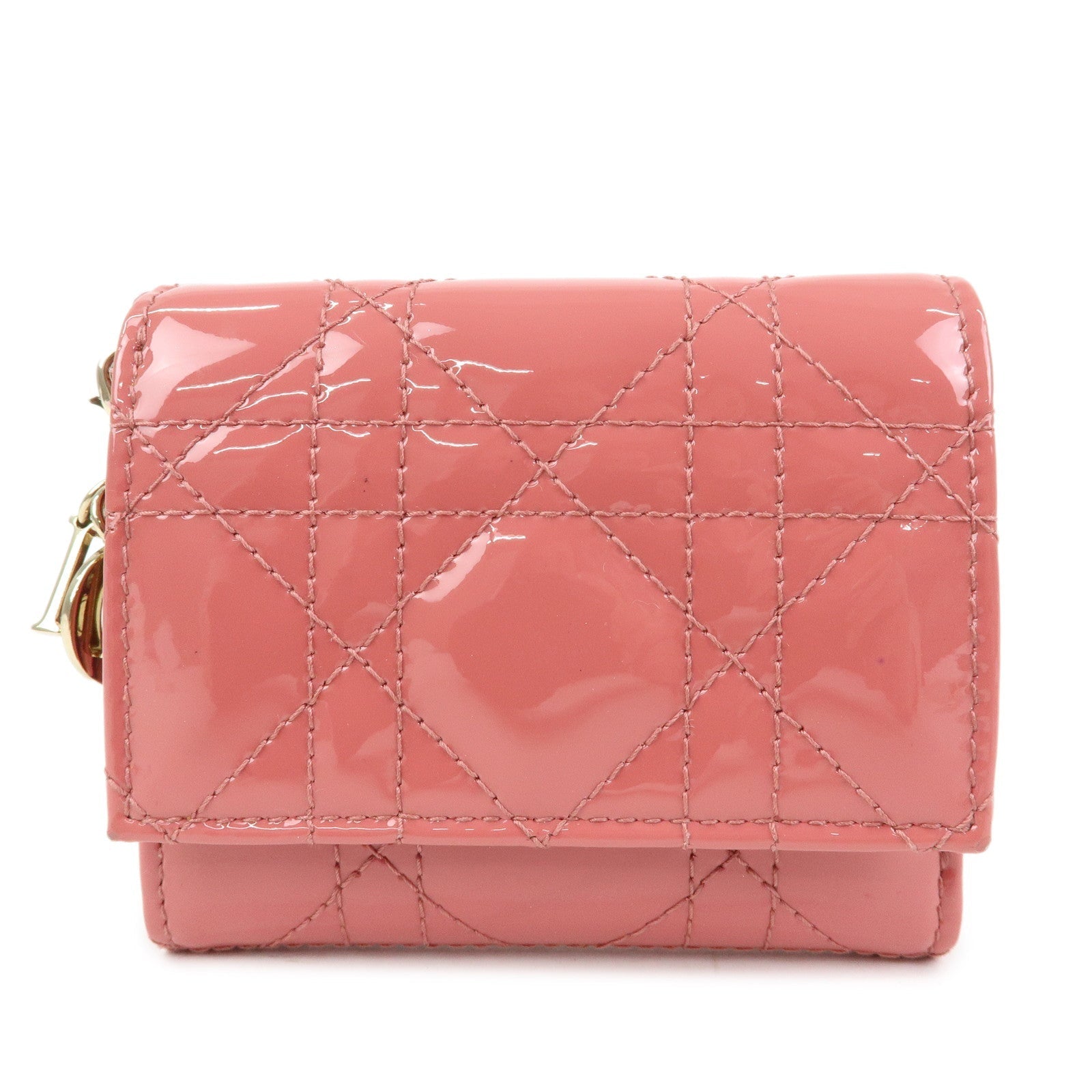 Dior Handbag Christian Cannage Bi-fold Compact Wallet 2 Leather Patent Pink