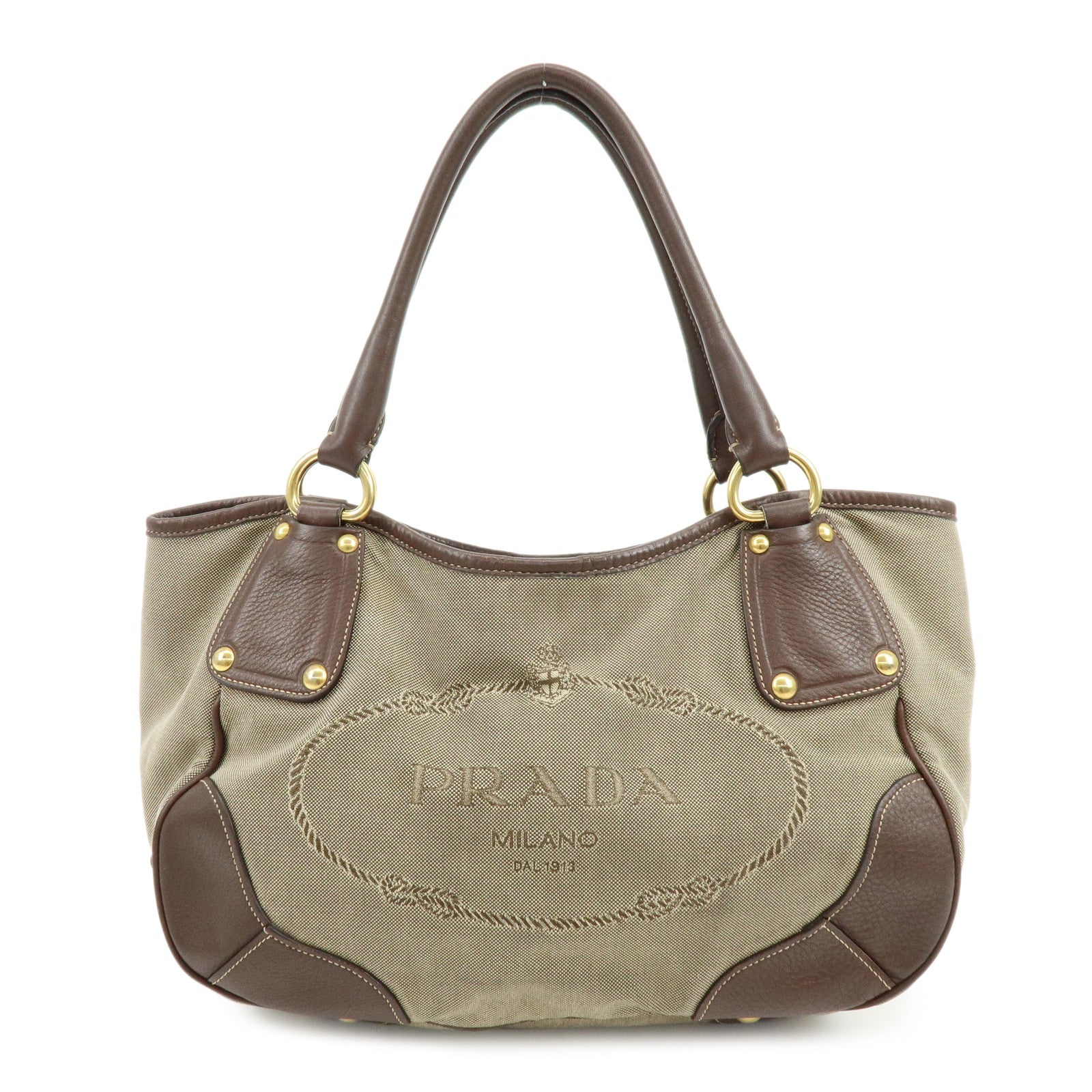 Tote Bag Jacquard Hand Bag Leather Brown Beige