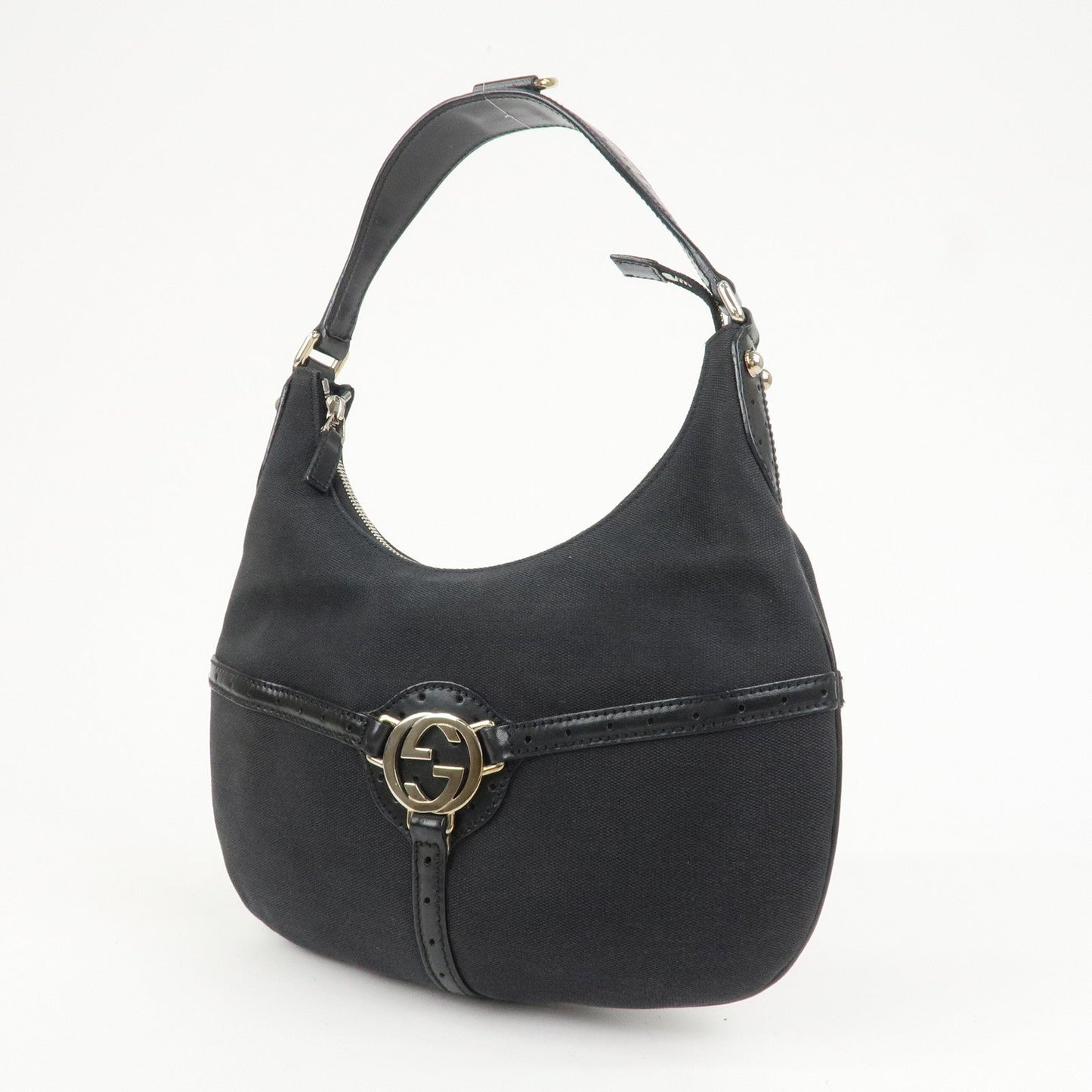 GUCCI Interlocking G Canvas Leather One Shoulder Bag Black 114869