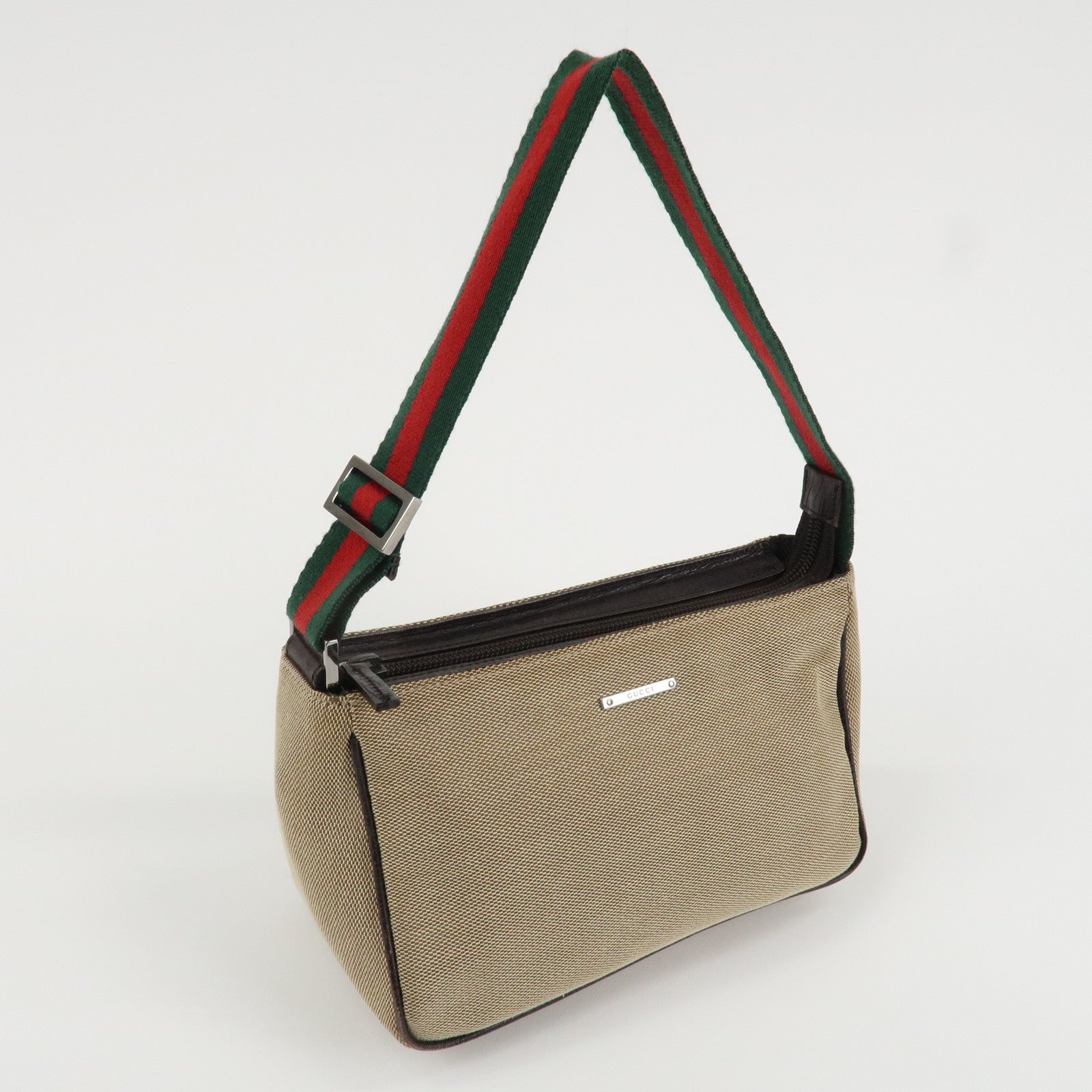 GUCCI Sherry Canvas Leather Pouch Hand Bag Beige Brown 106644