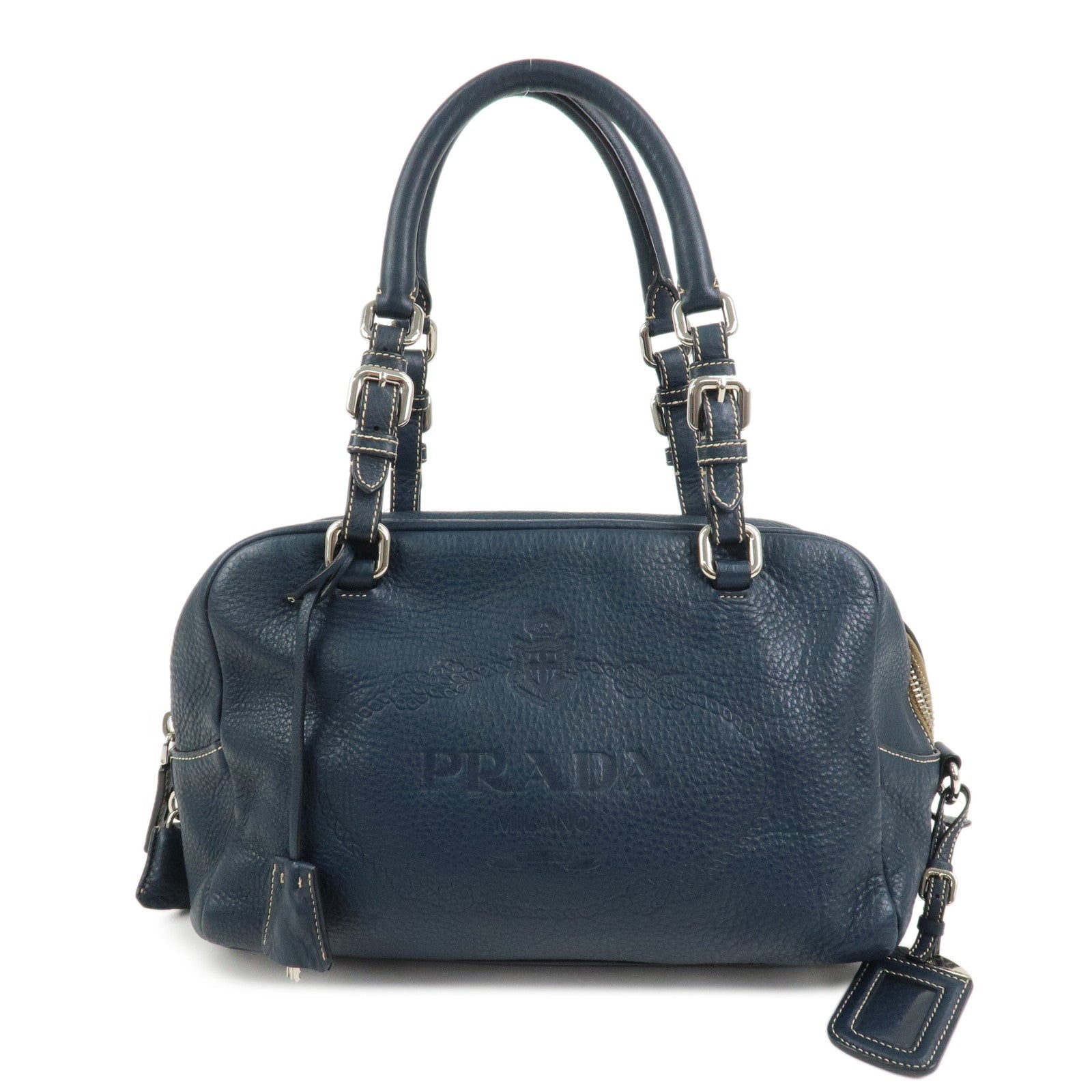 Boston Bag Hand Bag Leather Navy Logo Handbag
