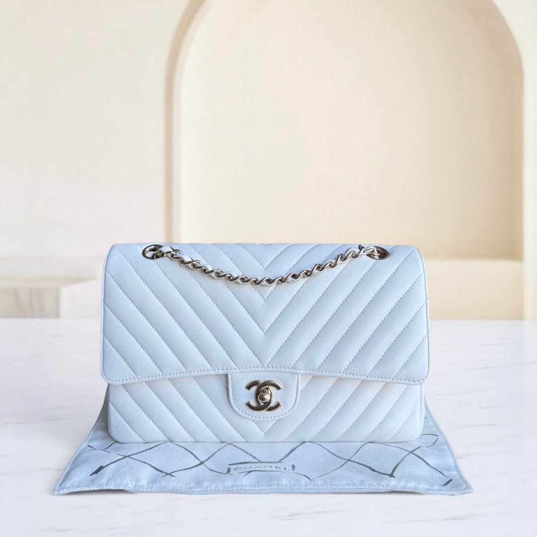 Chanel Classic Flap Medium - Caviar Chevron Grained Calfskin White Gold Hardware Series 31