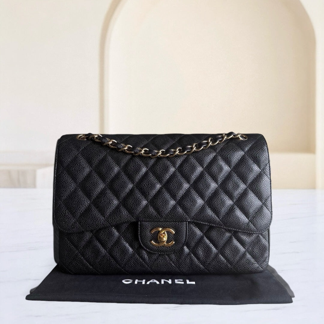Chanel Classic Flap Jumbo - Caviar 30CM Double Flap Quilted Grained Calfskin Black Gold Hardware Series 15