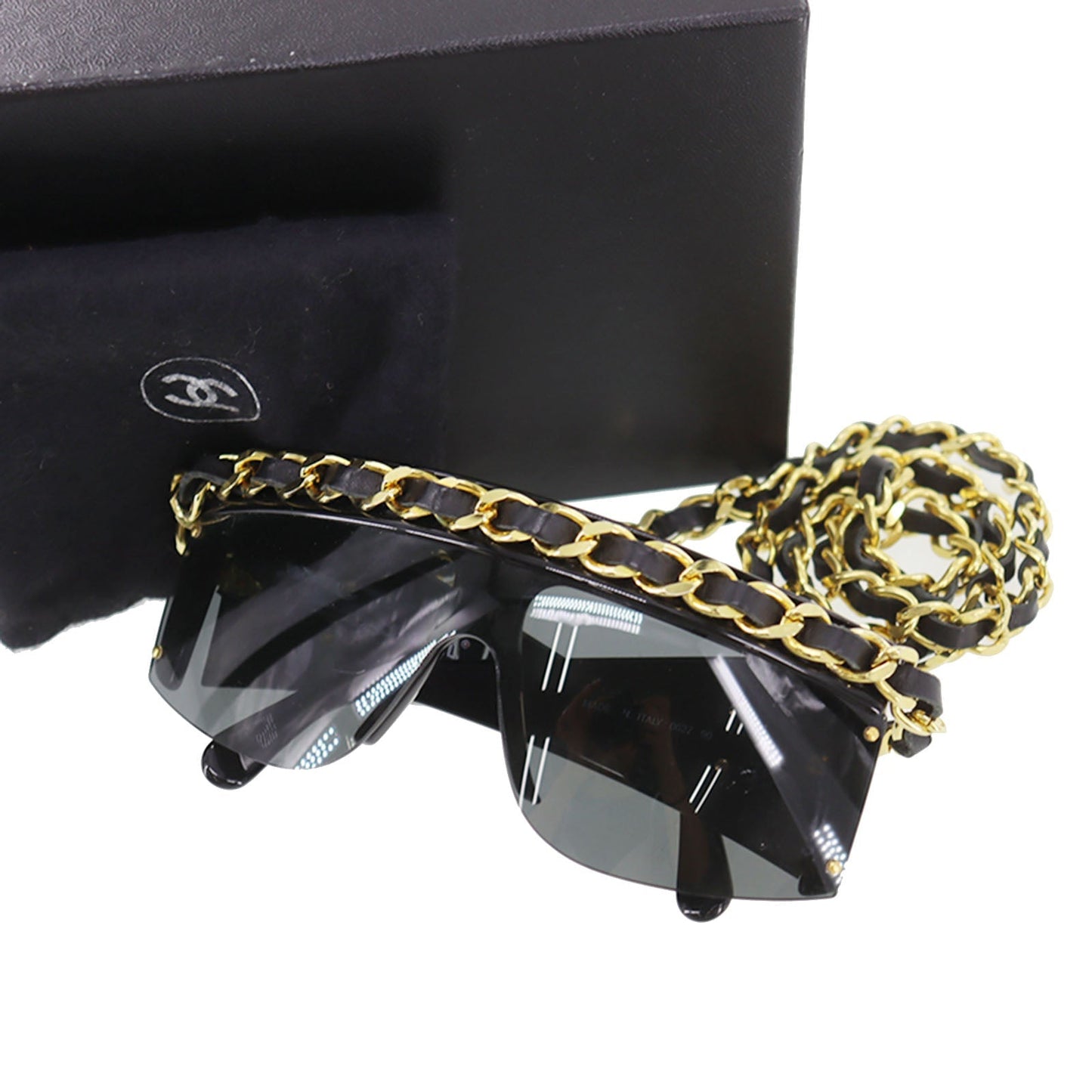 CHANEL Chain  Sunglasses Black Shield Eye Wear Italy #CU905