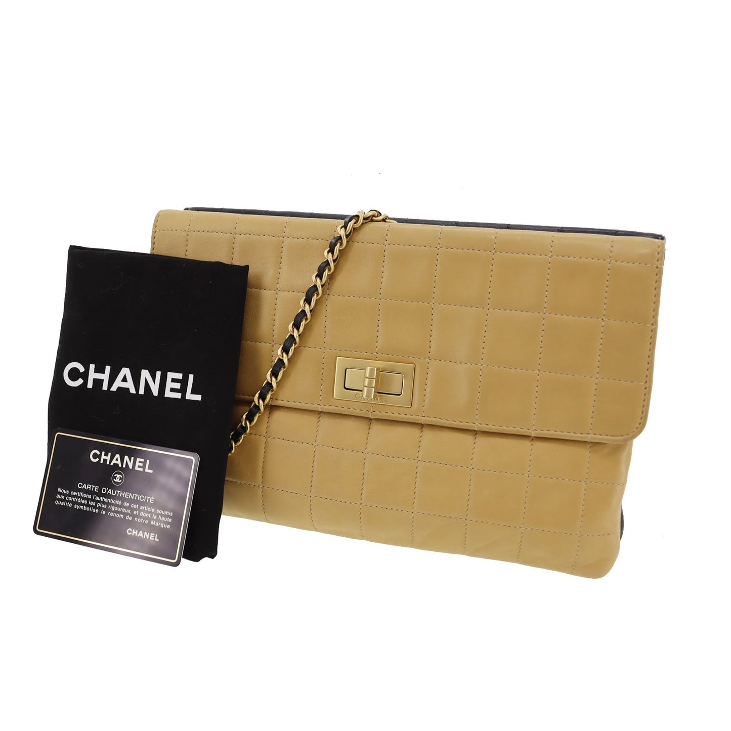 CHANEL Chocolate Bar  Handbag Beige Black Leather   #AH448 S