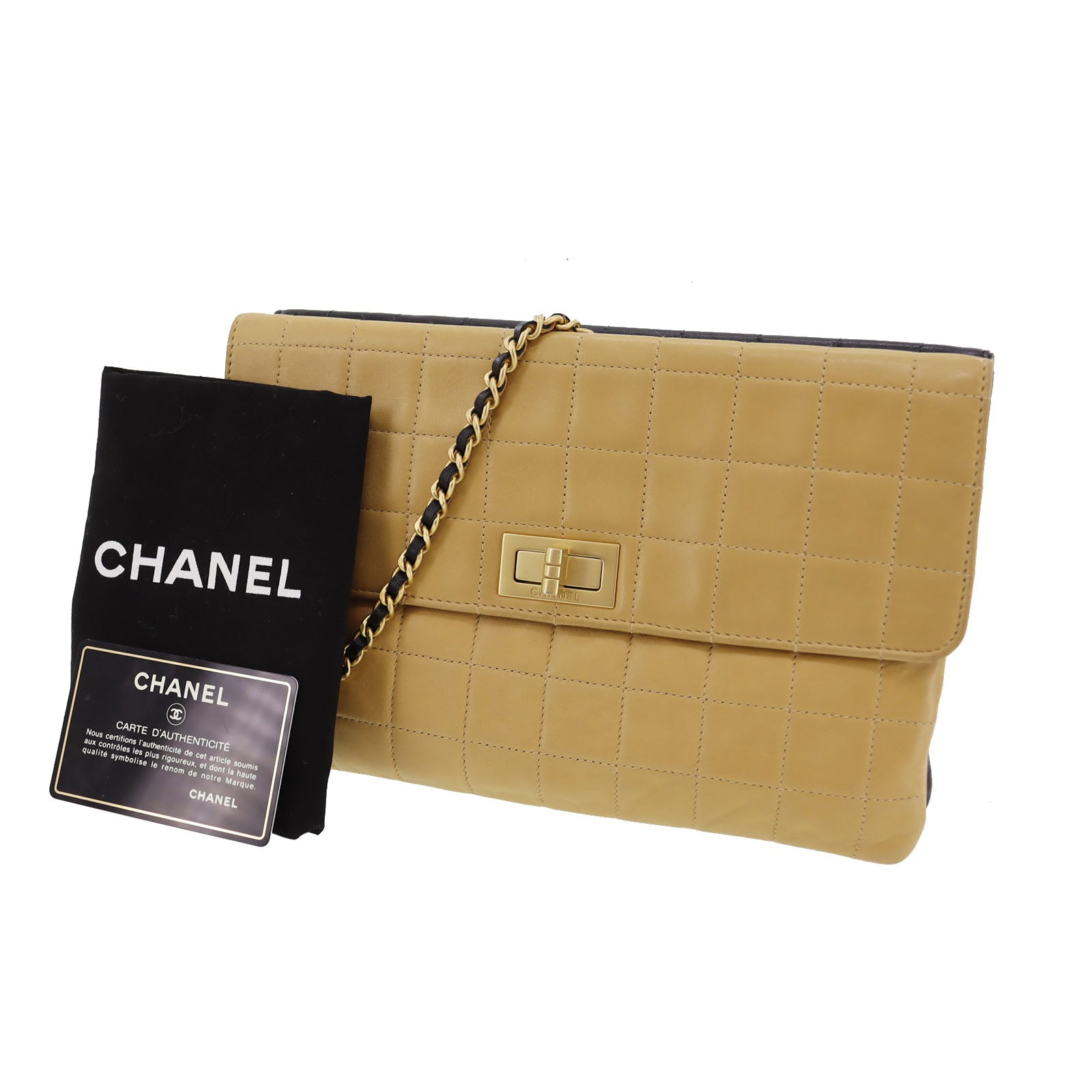 CHANEL Chocolate Bar  Handbag Beige Black Leather   #AH448 S