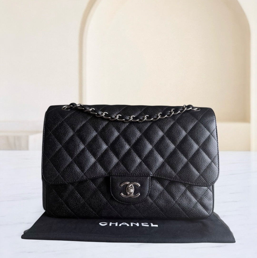 Chanel Classic Flap Jumbo - Caviar 30CM Double Flap Quilted Grained Calfskin Black Silver Hardware Series 19
