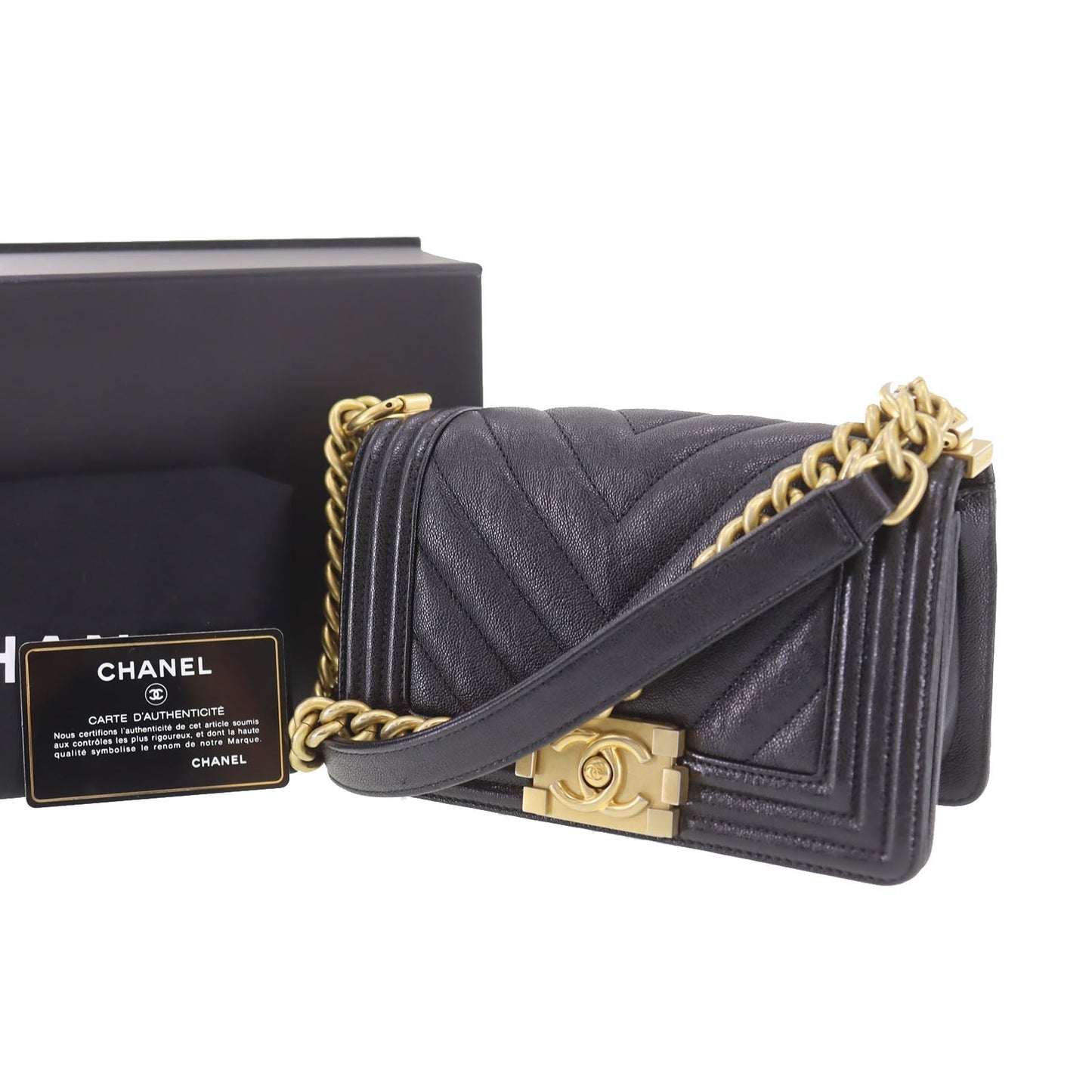 CHANEL  BOY CHANEL V stitch Shoulder Bag Black Caviar Skin Leather #DA393