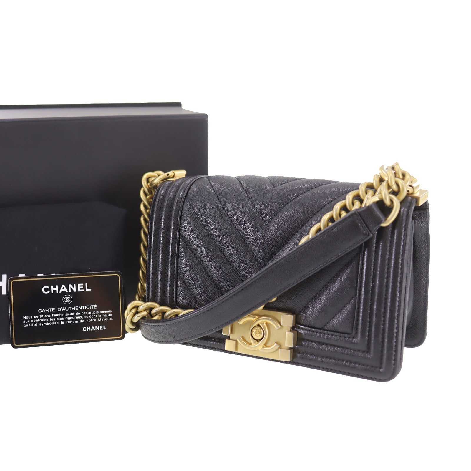 CHANEL  BOY CHANEL V stitch Shoulder Bag Black Caviar Skin Leather #DA393