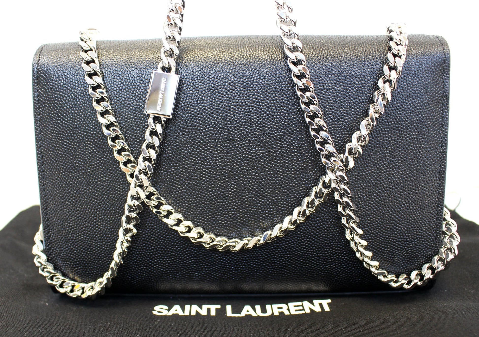 YSL Saint Laurent Yves Kate Clutch Crossbody Bag Leather Black Silver Clutch Bag