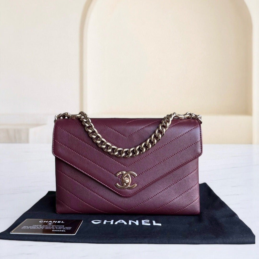 Chanel Coco Chevron Bag - Smooth Calfskin Dark Red Gold Handbag