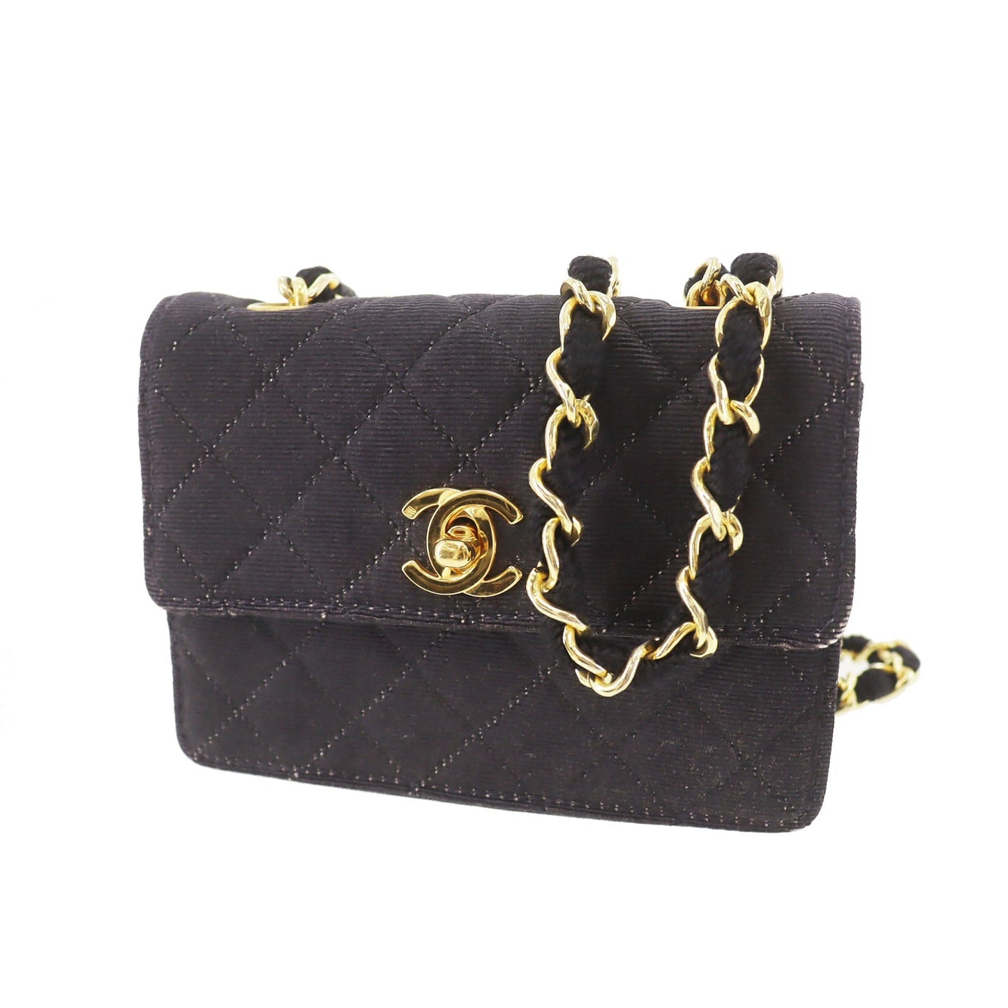 CHANEL Mini Matelasse  Shoulder Bag Black Canvas   #CN499