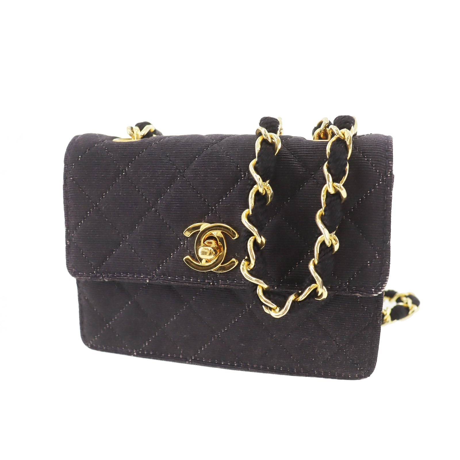 CHANEL Mini Matelasse  Shoulder Bag Black Canvas   #CN499
