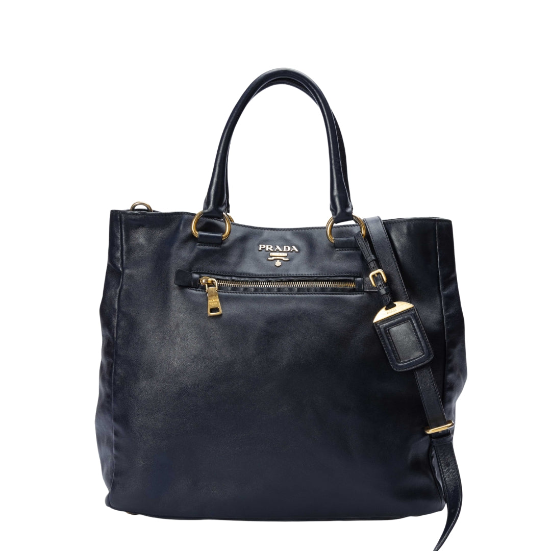 Prada Soft Front Tote Leather Blue Zip Tote Bag
