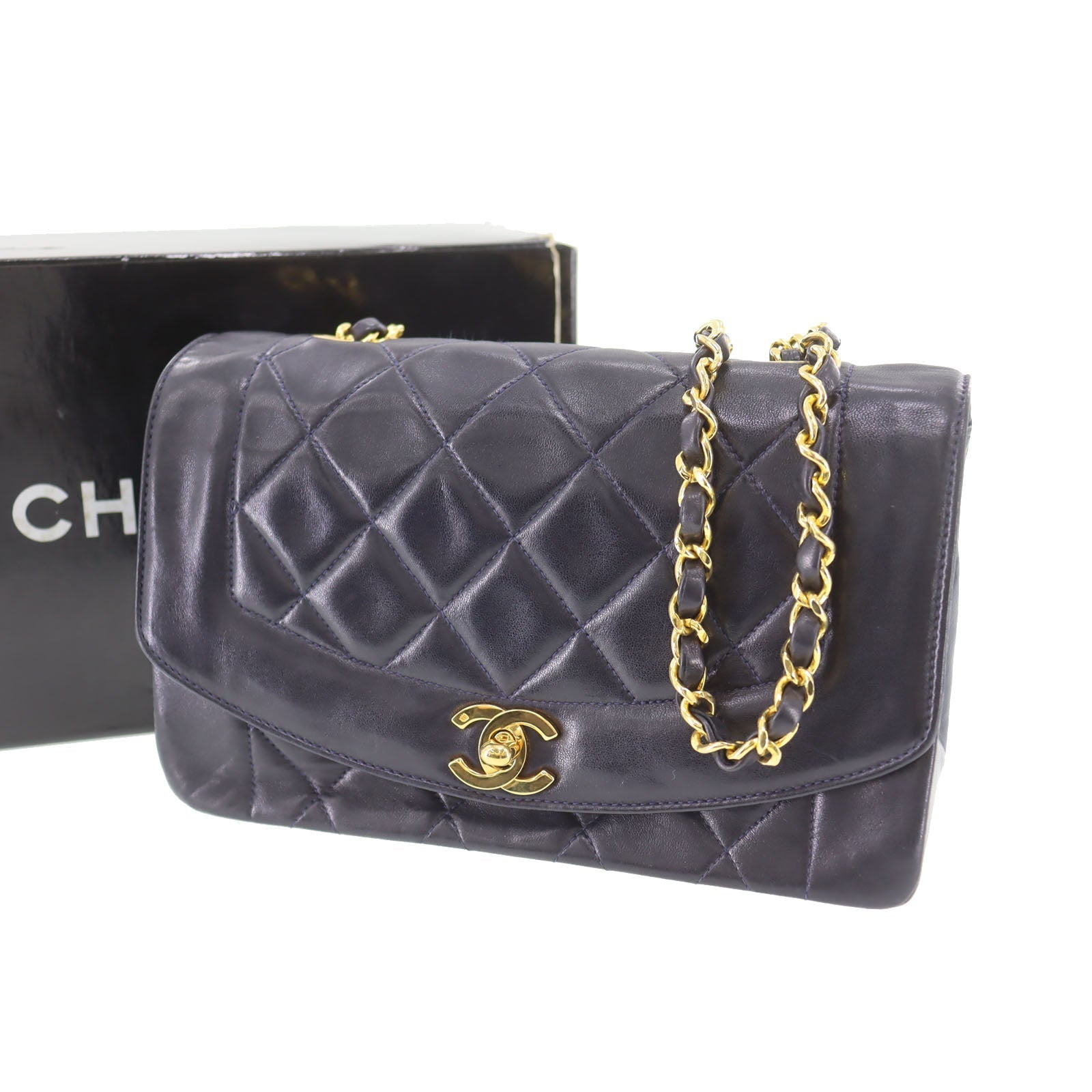 CHANEL Diana Matelasse 22  Shoulder Bag Navy Lambskin   #CP684