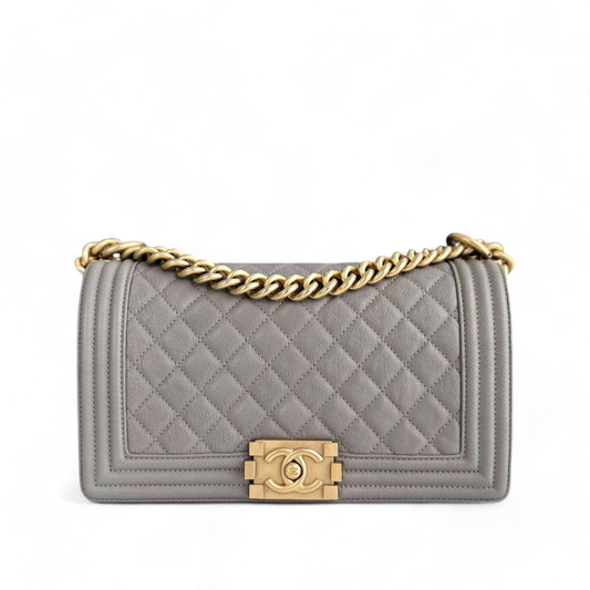 Chanel Boy Medium - Caviar 25CM Quilted Light Grey Gray Gold Hardware Series 26