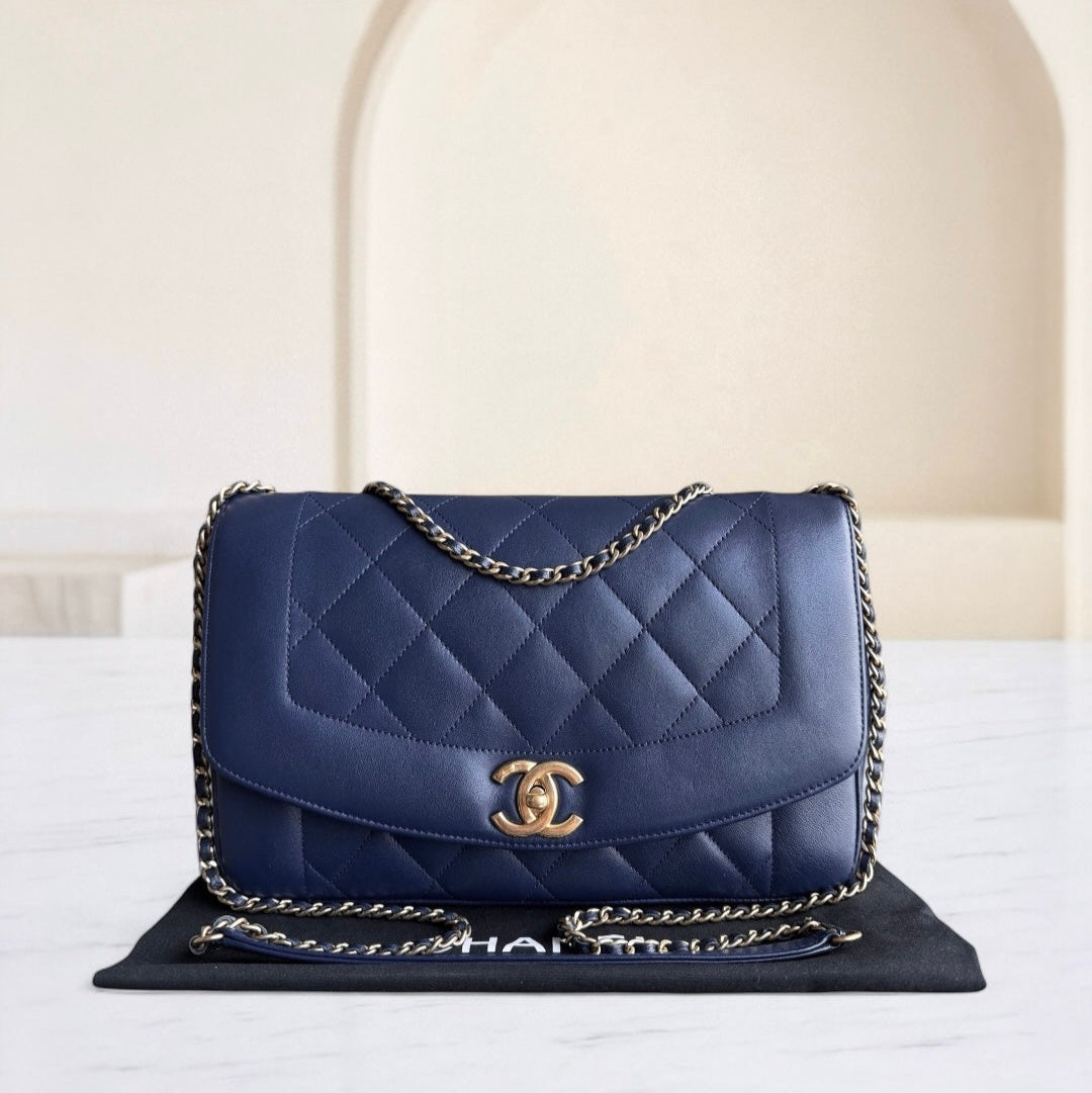 Chanel Diana Reissue - Quilted Lambskin 28CM Dark Navy Blue Gold Hardware Series 20