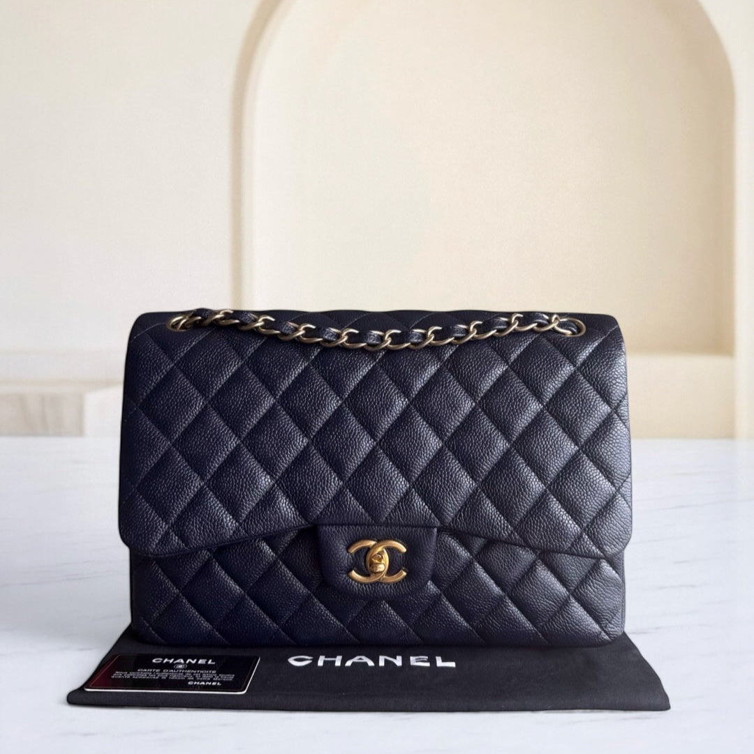 Chanel Classic Flap Jumbo - Caviar Quilted Grained Calfskin Dark Navy Blue Gold Hardware Series 21