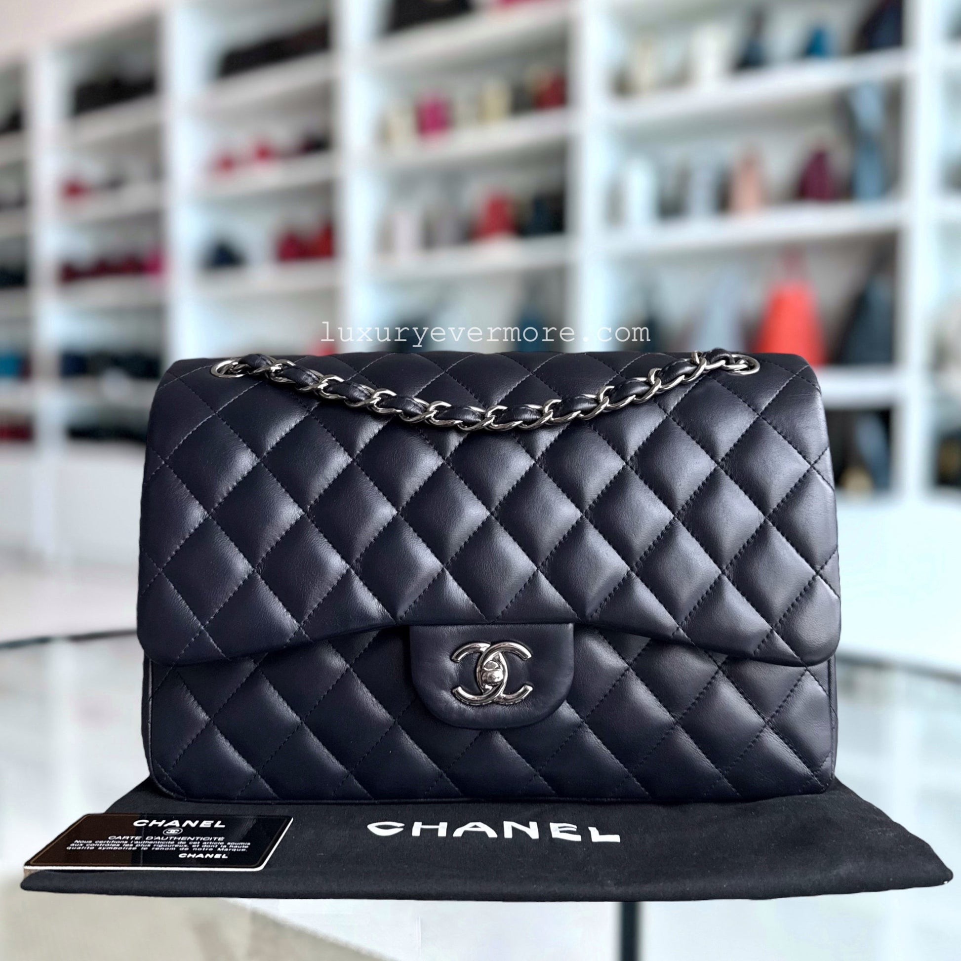 Chanel Classic Flap Jumbo - Double Flap Lambskin 30CM Quilted Dark Navy Blue Silver Hardware Series 16