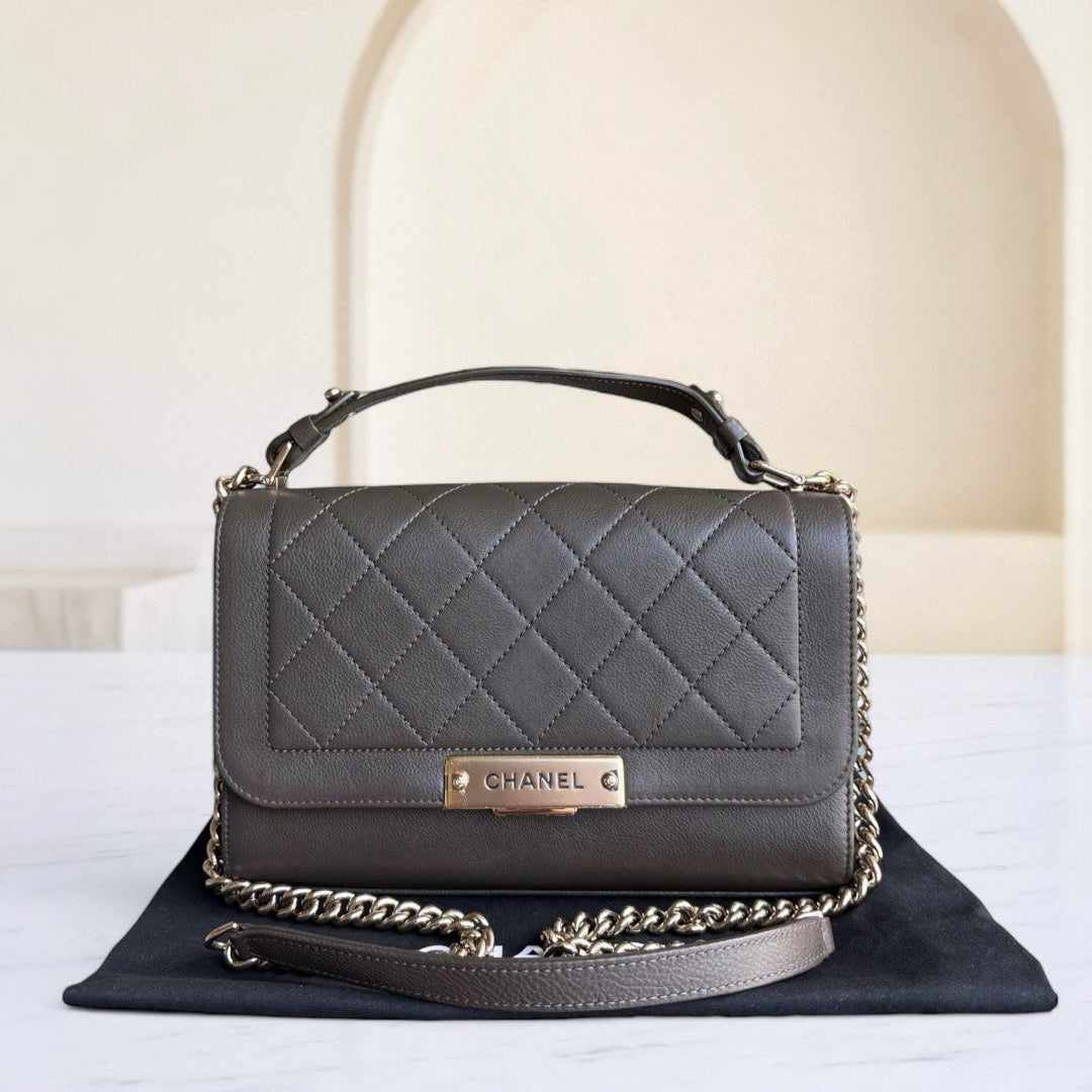 Chanel Label Click Medium - 25CM Quilted Calfskin Dark Olive Green Gold Hardware Series 23