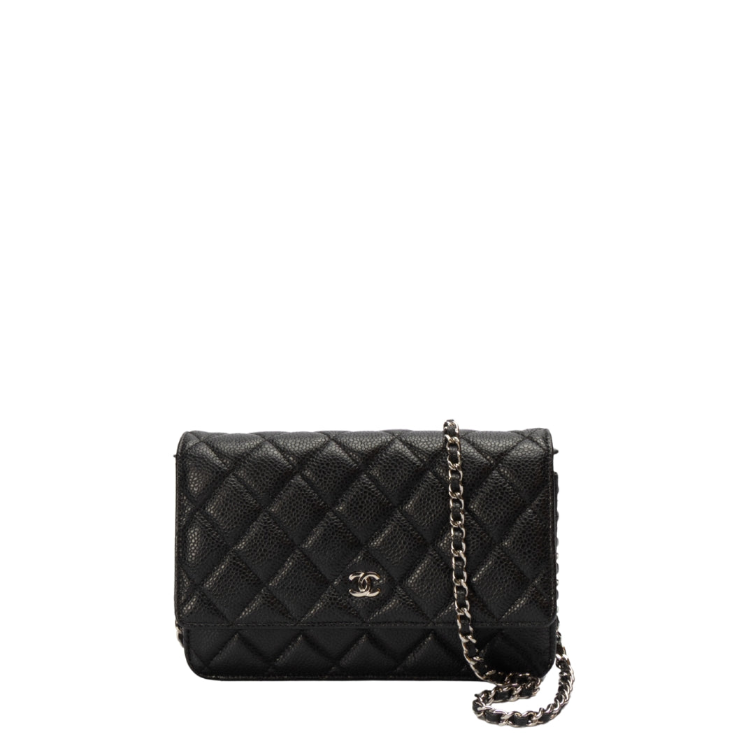 Chanel Black Caviar Quilted Wallet on Chain Handbag