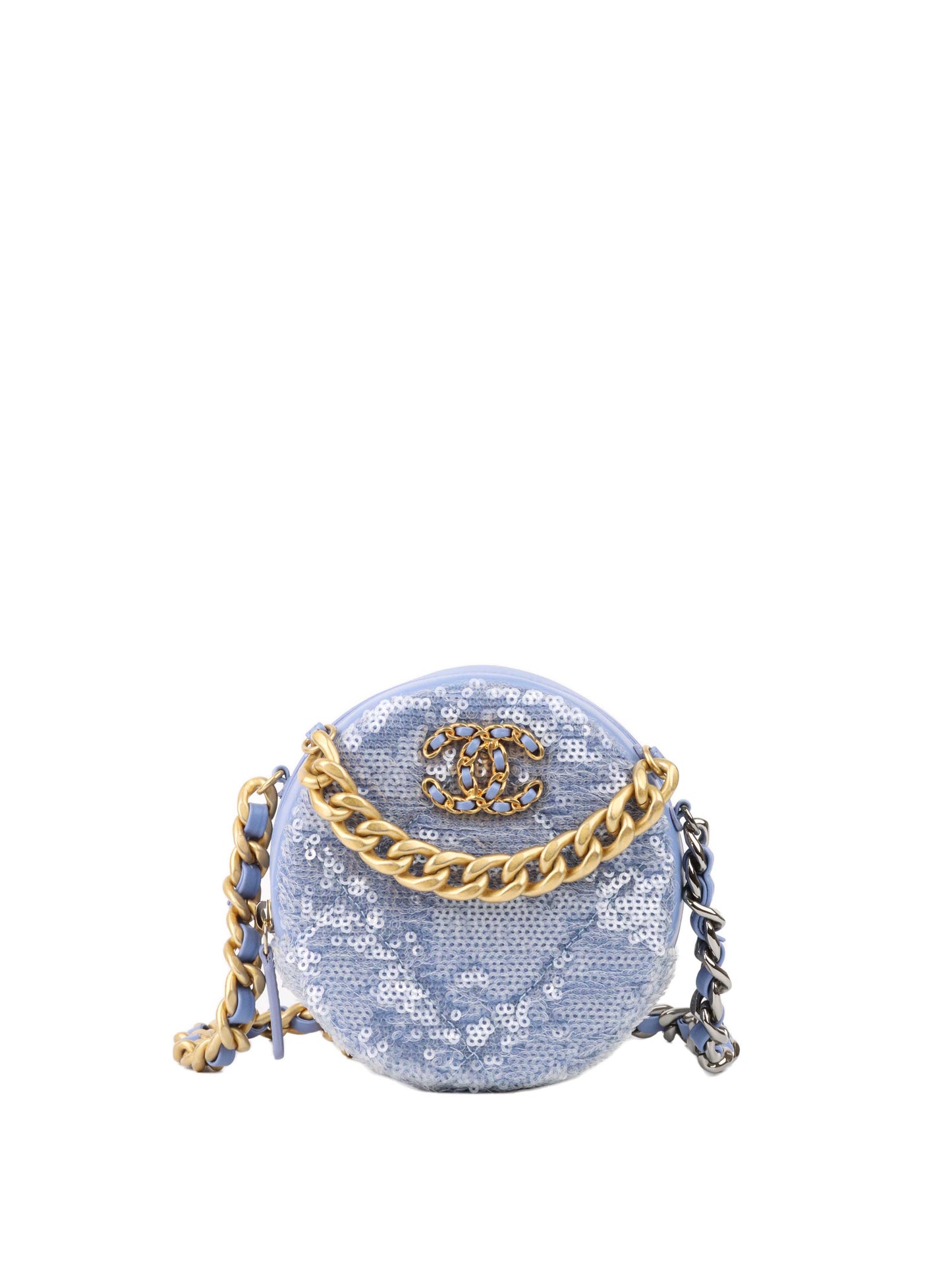 Chanel 19 Round Blue Sequinned Clutch With Chain