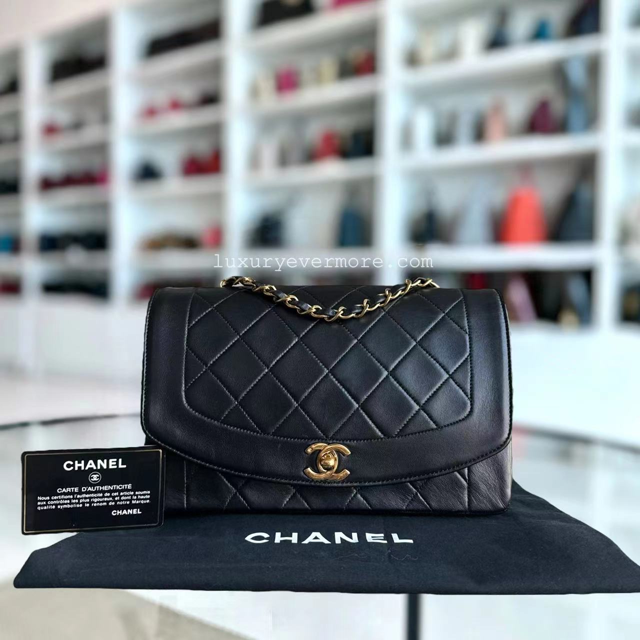 Chanel Diana Bag   Quilted Lambskin Black Golden Hardware Series 2