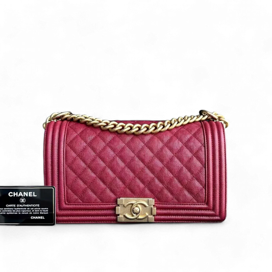 Chanel Caviar Boy Old Medium 25CM Quilted Grained Calfskin Red Leboy Golden Hardware Series 26