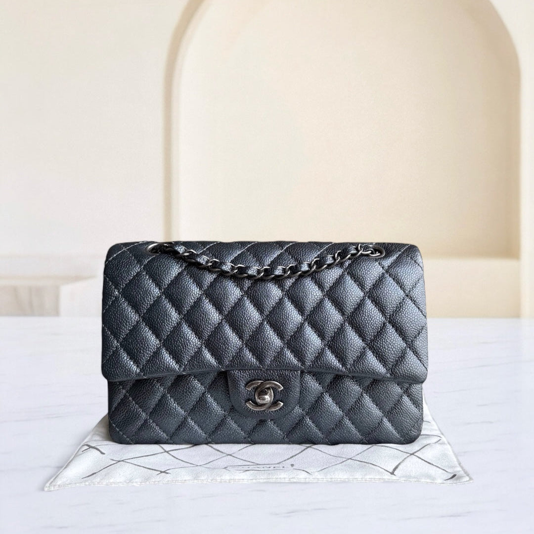 Chanel Classic Flap Medium - Caviar Quilted Grained Calfskin Iridescent Grey Gray Silver Hardware Series 20