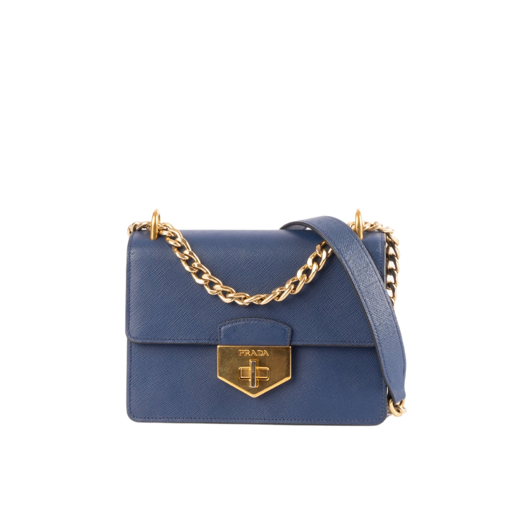 Prada Turnlock Crossbody Bag Leather Blue Chain