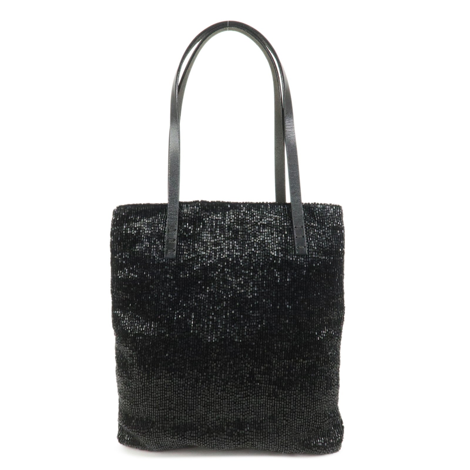 Tote Bag Beads Hand Bag Leather Black Logo