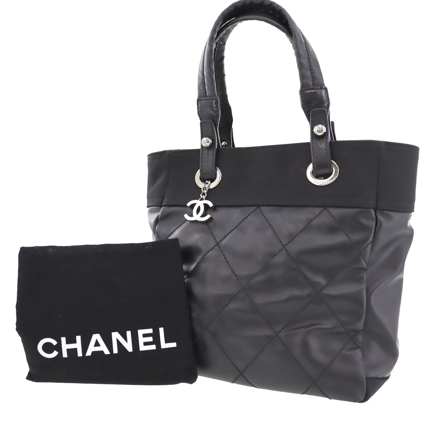 CHANEL Paris Biarritz Handbag Black Leather Italy   #BO252