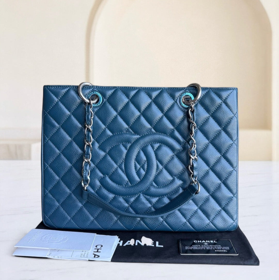 Chanel GST Grand Shopping Tote - Caviar Grained Quilted Blue Tote Bag