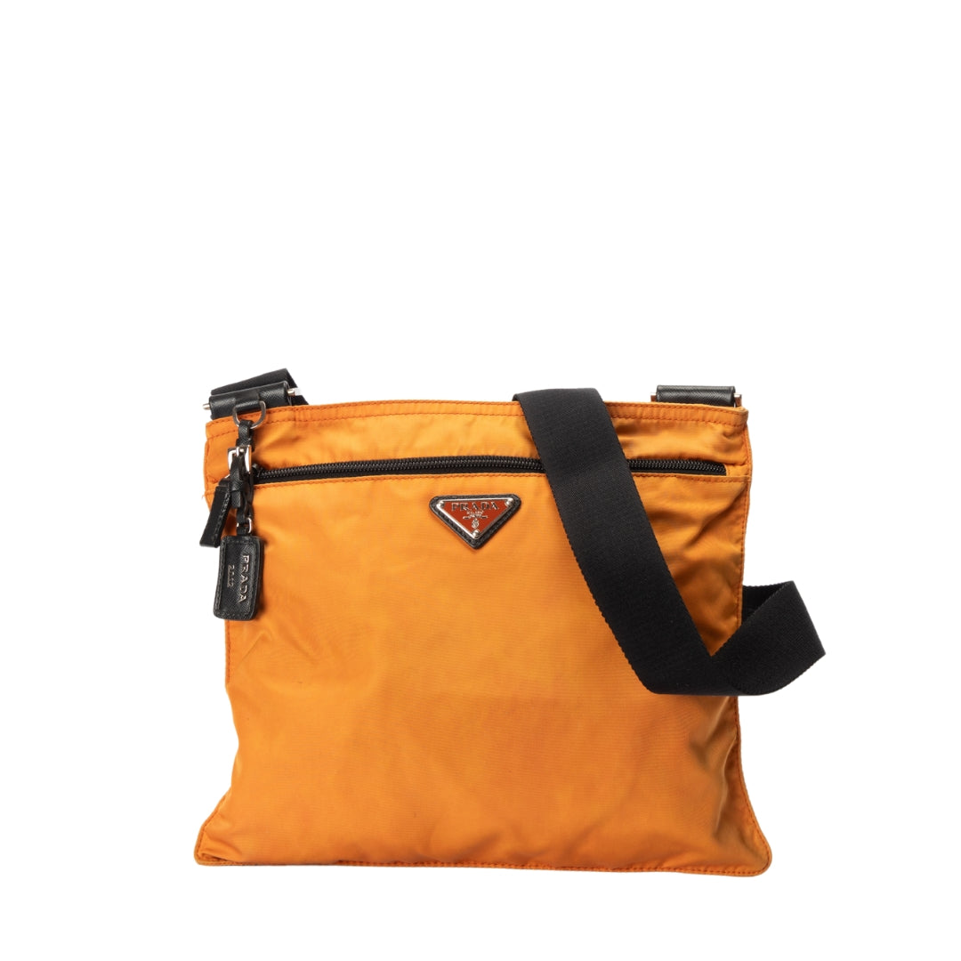Prada Thin Pochette Triangle Crossbody Bag Nylon Orange Logo