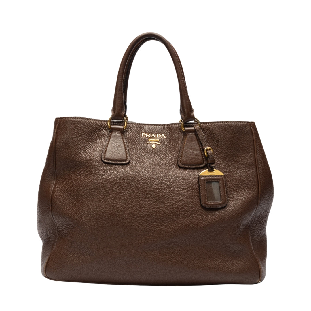 Prada Daino Shopper Tote Leather Vitello Brown Tote Bag