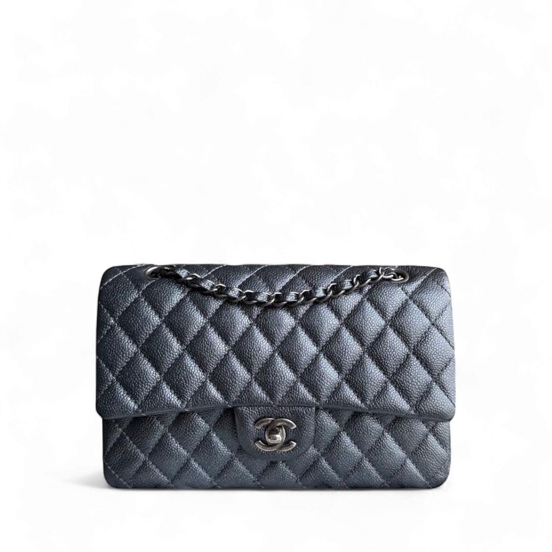 Chanel Classic Flap Medium - Caviar Quilted Grained Calfskin Iridescent Grey Gray Silver Hardware Series 20