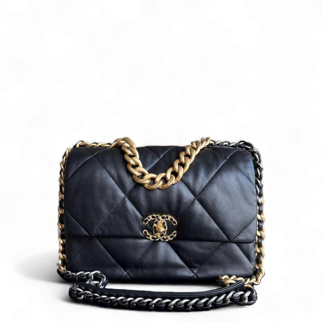 Chanel 19 Bag Medium - Goatskin Two-Tone Hardware Quilted Black Handbag Microchip Medium